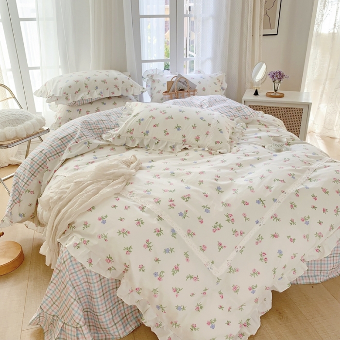 91家纺网 家纺一手货源 找家纺 眠屿 2022新款全棉小碎花法式花边四件套 韩式小花