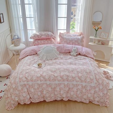 眠屿 2022新款全棉小碎花法式花边四件套 花间兔