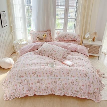 91家纺网 家纺一手货源 找家纺 眠屿 2022新款全棉小碎花法式花边四件套 花叶