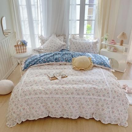 91家纺网 家纺一手货源 找家纺 眠屿 2022新款全棉小碎花法式花边四件套 蓝花兔