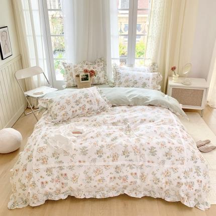 91家纺网 家纺一手货源 找家纺 眠屿 2022新款全棉小碎花法式花边四件套 绿萌