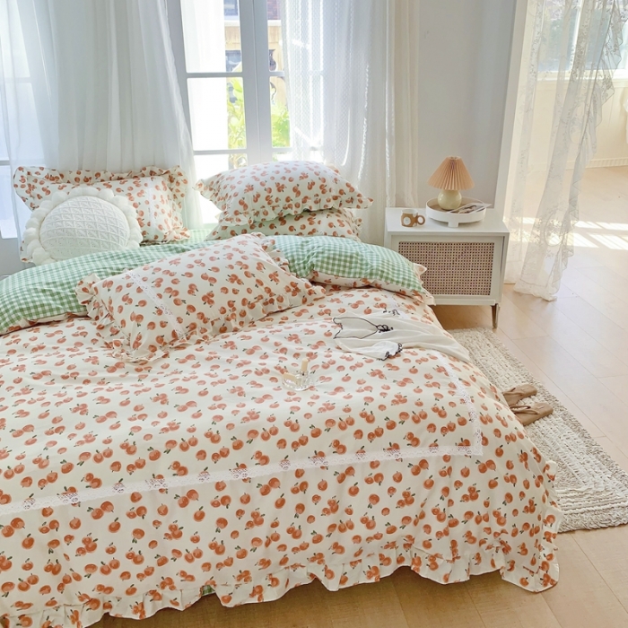 91家纺网 家纺一手货源 找家纺 眠屿 2022新款全棉小碎花法式花边四件套 硕果