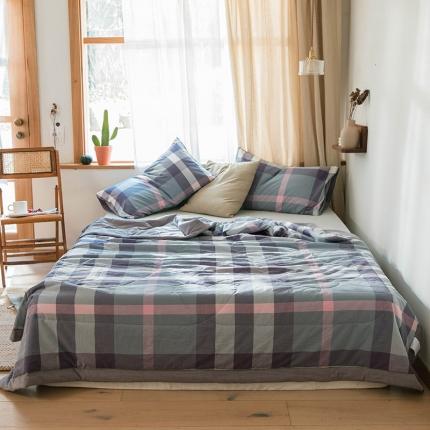 91家纺网 家纺一手货源 找家纺 尚品本色 2023新款水洗棉夏凉被空调被无印风格子简约蓝