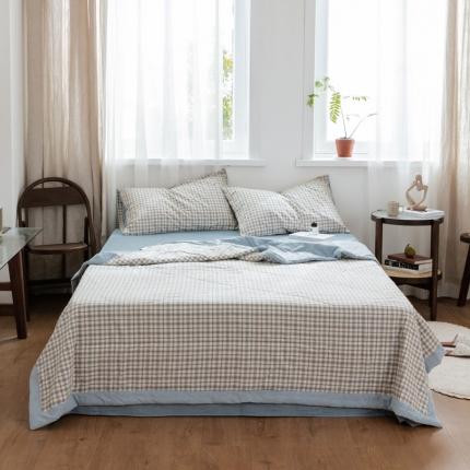 91家纺网 家纺一手货源 找家纺 尚品本色2022新款水洗棉夏凉被空调被无印风格子秋雨绵绵浅蓝