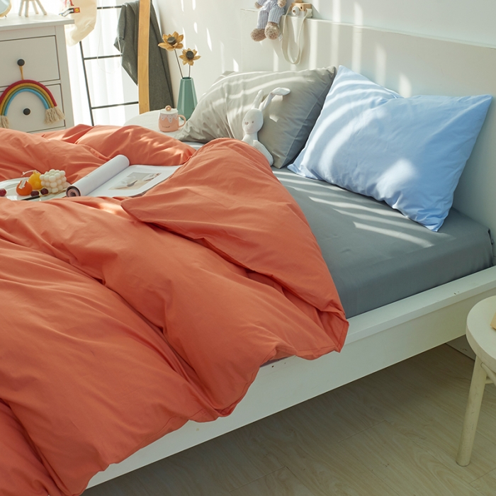 91家纺网 家纺一手货源 找家纺 潮邦 2025春夏纯色混拼全棉四件套 靓丽橘