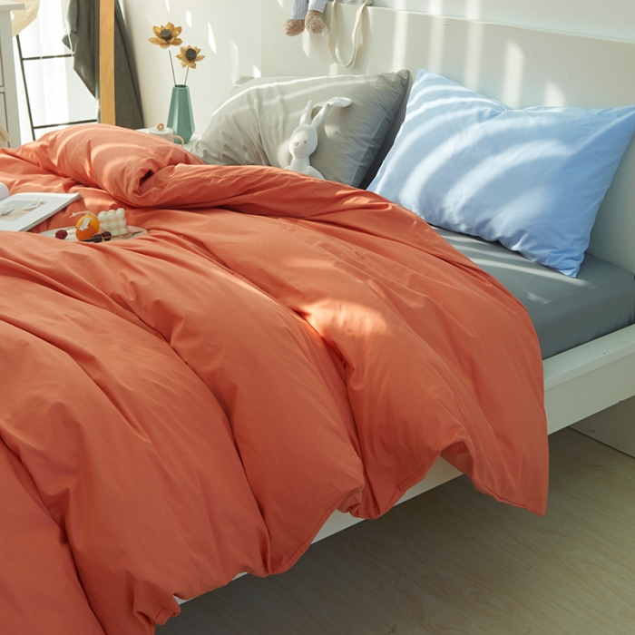 91家纺网 家纺一手货源 找家纺 潮邦 2025春夏纯色混拼全棉四件套 靓丽橘