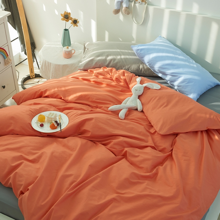 91家纺网 家纺一手货源 找家纺 潮邦 2025春夏纯色混拼全棉四件套 靓丽橘