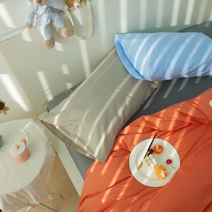 91家纺网 家纺一手货源 找家纺 潮邦 2025春夏纯色混拼全棉四件套 靓丽橘