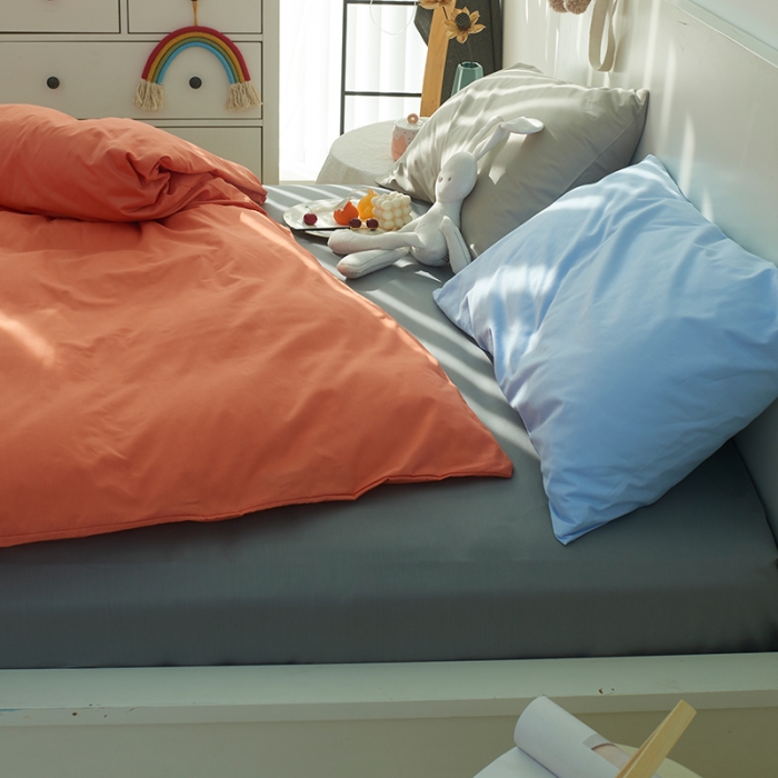 91家纺网 家纺一手货源 找家纺 潮邦 2025春夏纯色混拼全棉四件套 靓丽橘