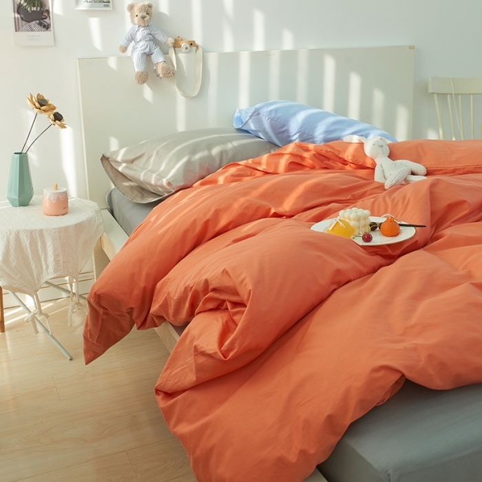 91家纺网 家纺一手货源 找家纺 潮邦 2025春夏纯色混拼全棉四件套 靓丽橘