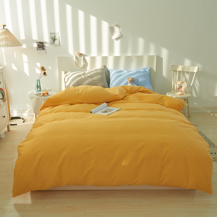 91家纺网 家纺一手货源 找家纺 潮邦 2025春夏纯色混拼全棉四件套 柠檬黄