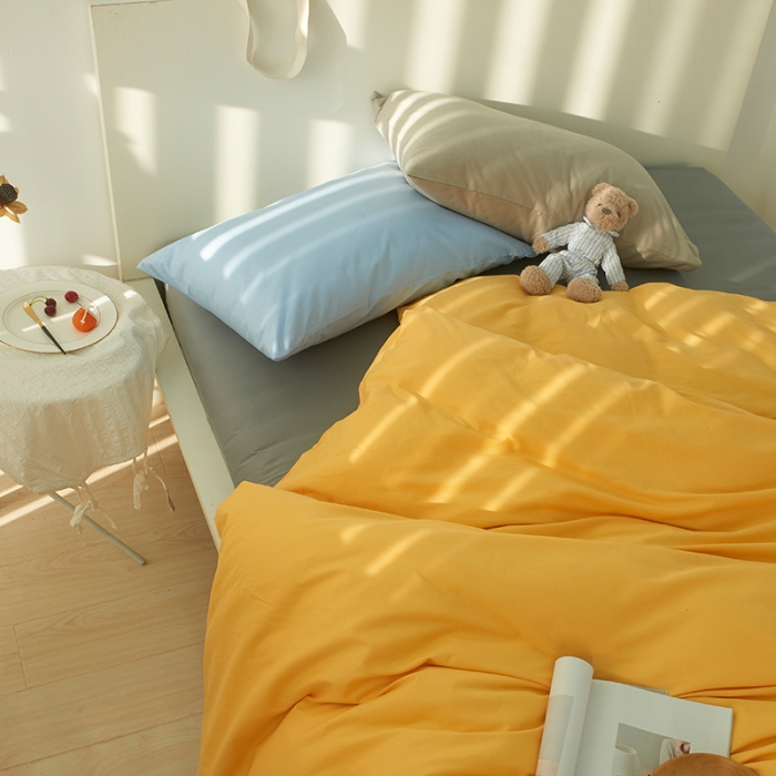 91家纺网 家纺一手货源 找家纺 潮邦 2025春夏纯色混拼全棉四件套 柠檬黄