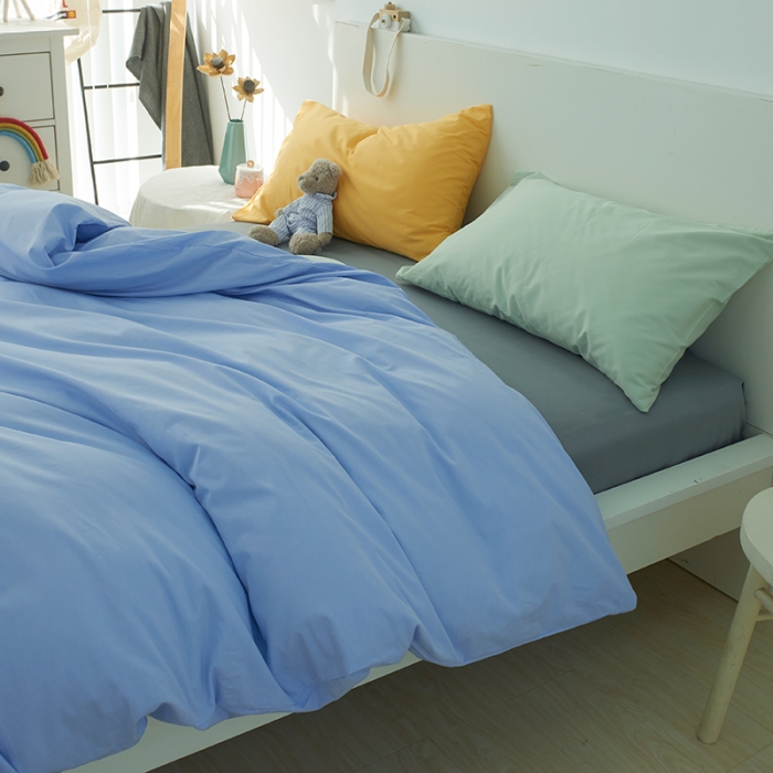 91家纺网 家纺一手货源 找家纺 潮邦 2025春夏纯色混拼全棉四件套 天空蓝