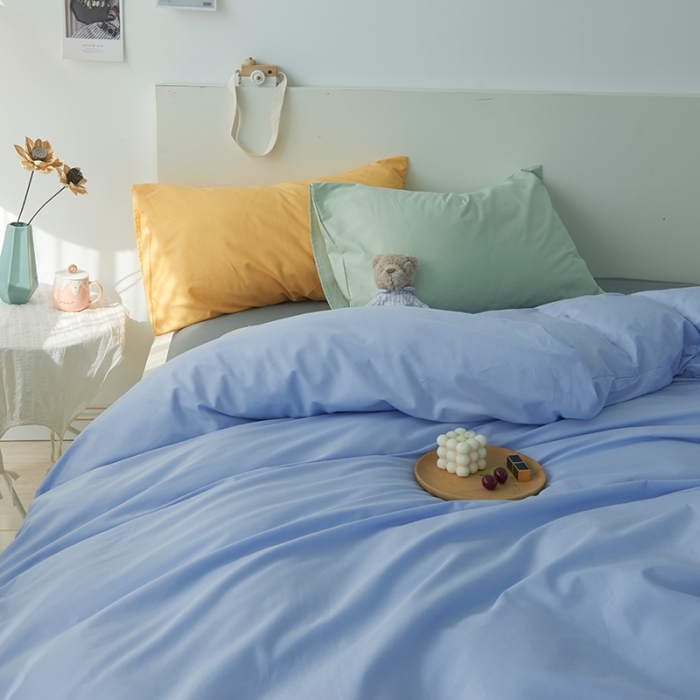 91家纺网 家纺一手货源 找家纺 潮邦 2025春夏纯色混拼全棉四件套 天空蓝
