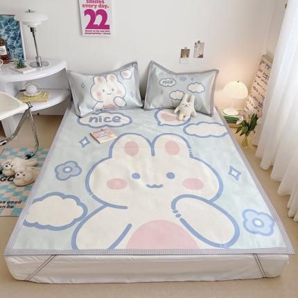 91家纺网 家纺一手货源 找家纺 川悦生活 2022新款宽边冰丝席实拍 软萌小兔