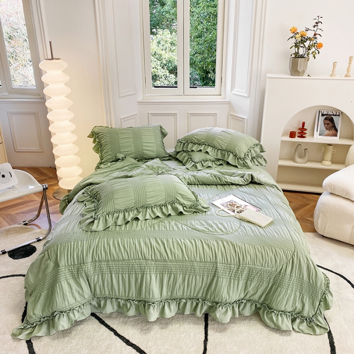 91家纺网 家纺一手货源 找家纺 吾诺 2022 梦幻泡泡纱夏被四件套公主风小清新韩版 梦幻绿