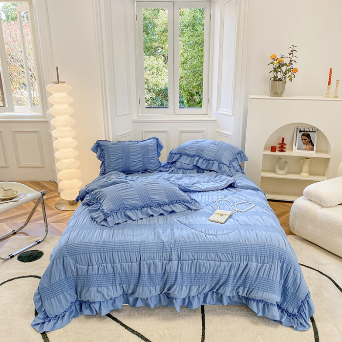 91家纺网 家纺一手货源 找家纺 吾诺 2022 梦幻泡泡纱夏被四件套公主风小清新韩版 梦幻蓝