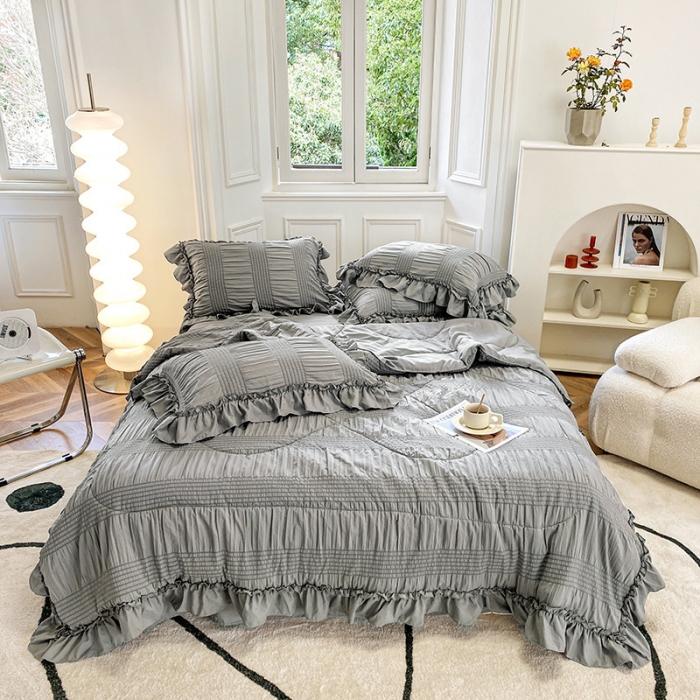 91家纺网 家纺一手货源 找家纺 吾诺 2022 梦幻泡泡纱夏被四件套公主风小清新韩版 梦幻灰