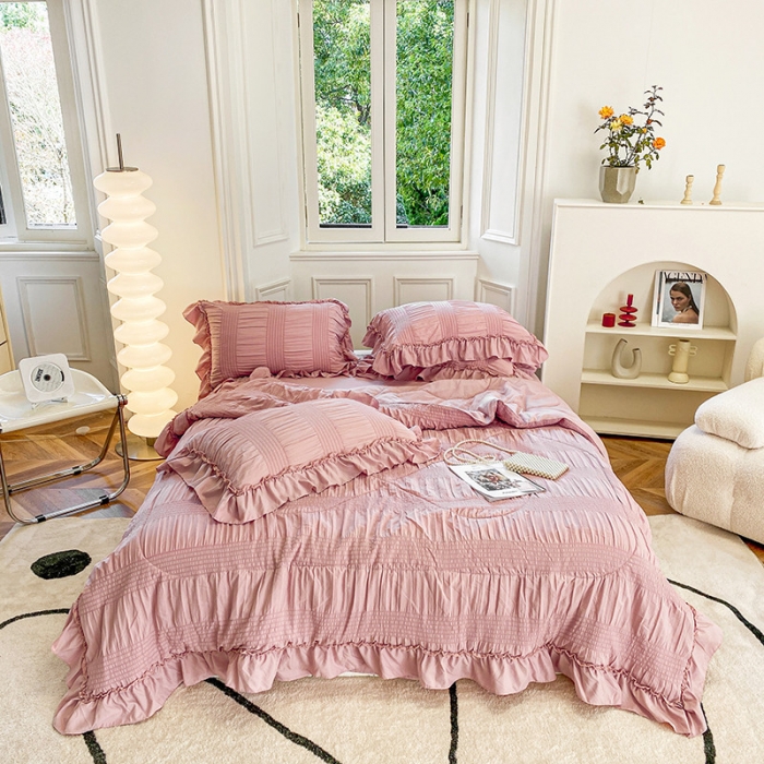 91家纺网 家纺一手货源 找家纺 吾诺 2022 梦幻泡泡纱夏被四件套公主风小清新韩版 梦幻粉