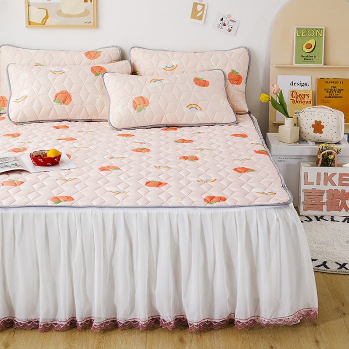 91家纺网 家纺一手货源 找家纺 纽缦家纺 2022新款卡通菱形格床单床裙系列 彩虹桃