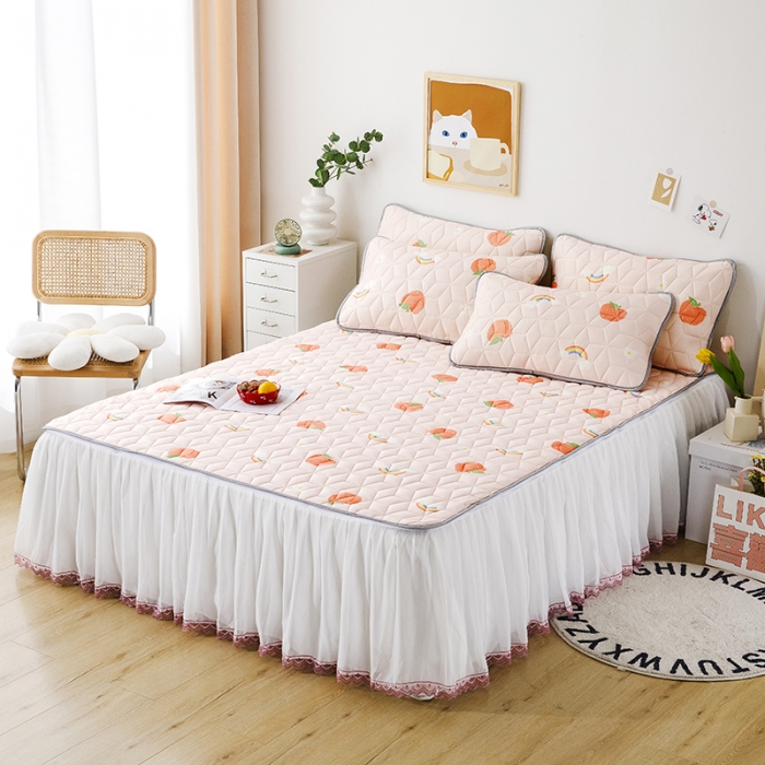 91家纺网 家纺一手货源 找家纺 纽缦家纺 2022新款卡通菱形格床单床裙系列 彩虹桃