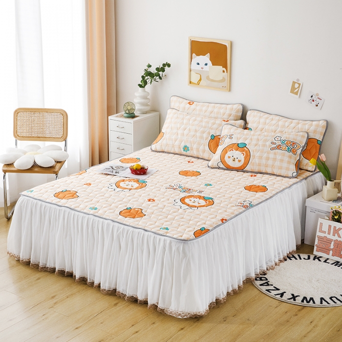 91家纺网 家纺一手货源 找家纺 纽缦家纺 2022新款卡通菱形格床单床裙系列 橙子熊