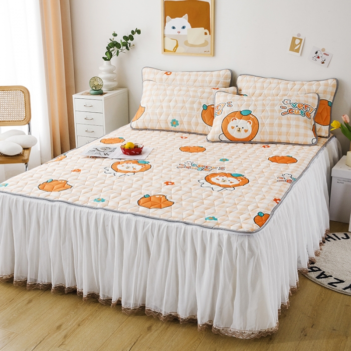 91家纺网 家纺一手货源 找家纺 纽缦家纺 2022新款卡通菱形格床单床裙系列 橙子熊