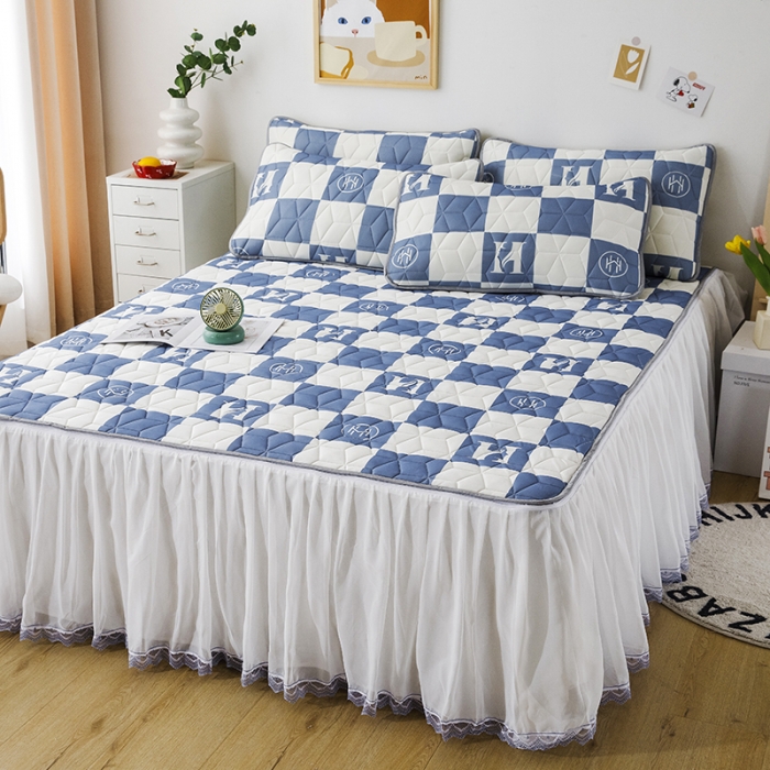 91家纺网 家纺一手货源 找家纺 纽缦家纺 2022新款卡通菱形格床单床裙系列 棋盘格蓝