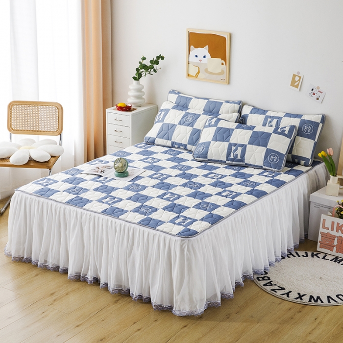 91家纺网 家纺一手货源 找家纺 纽缦家纺 2022新款卡通菱形格床单床裙系列 棋盘格蓝