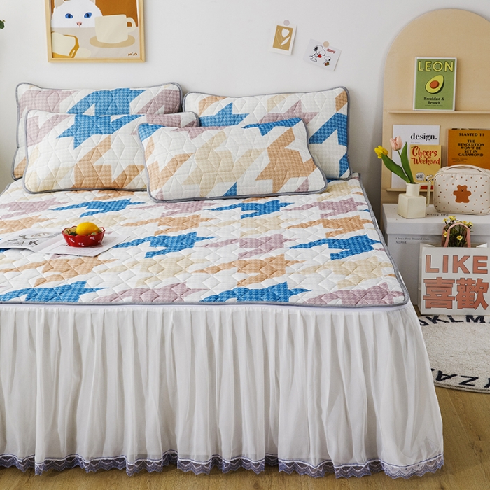 91家纺网 家纺一手货源 找家纺 纽缦家纺 2022新款卡通菱形格床单床裙系列 千鸟格