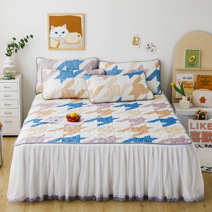 91家纺网 家纺一手货源 找家纺 纽缦家纺 2022新款卡通菱形格床单床裙系列 千鸟格