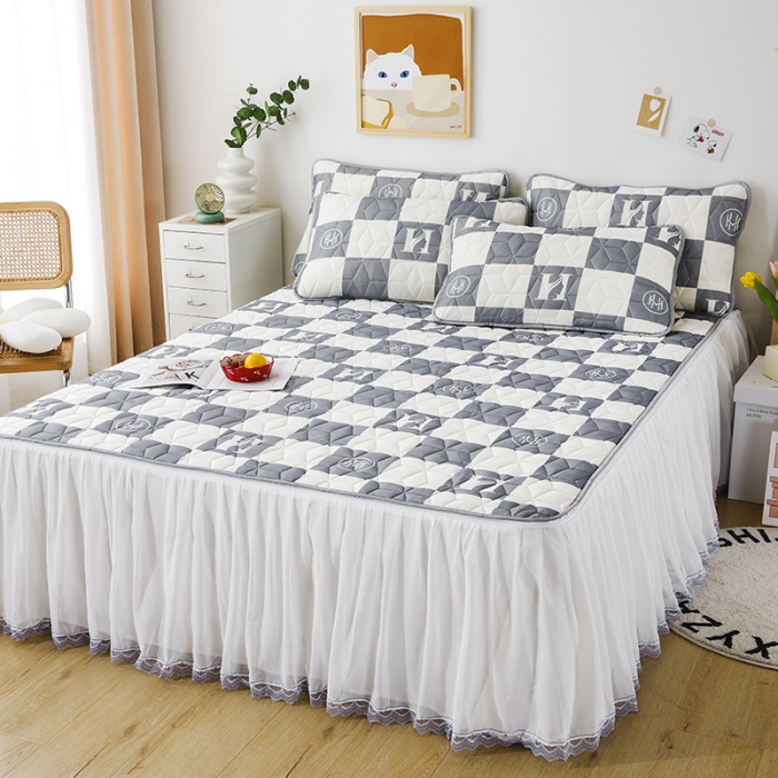 91家纺网 家纺一手货源 找家纺 纽缦家纺 2022新款卡通菱形格床单床裙系列 棋盘格灰