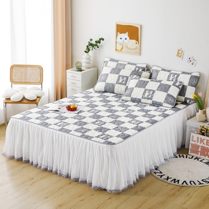 91家纺网 家纺一手货源 找家纺 纽缦家纺 2022新款卡通菱形格床单床裙系列 棋盘格灰