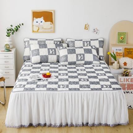 纽缦家纺 2022新款卡通菱形格床单床裙系列 棋盘格灰