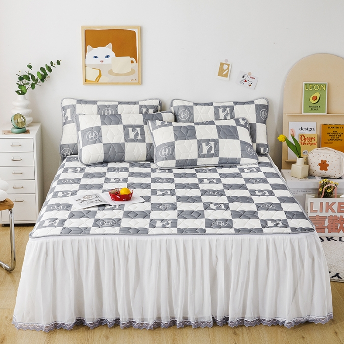 91家纺网 家纺一手货源 找家纺 纽缦家纺 2022新款卡通菱形格床单床裙系列 棋盘格灰