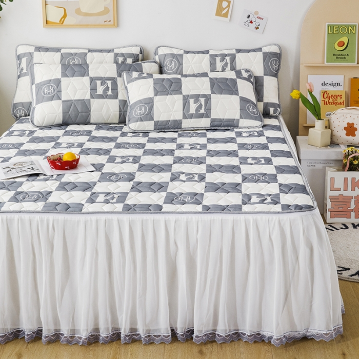 91家纺网 家纺一手货源 找家纺 纽缦家纺 2022新款卡通菱形格床单床裙系列 棋盘格灰