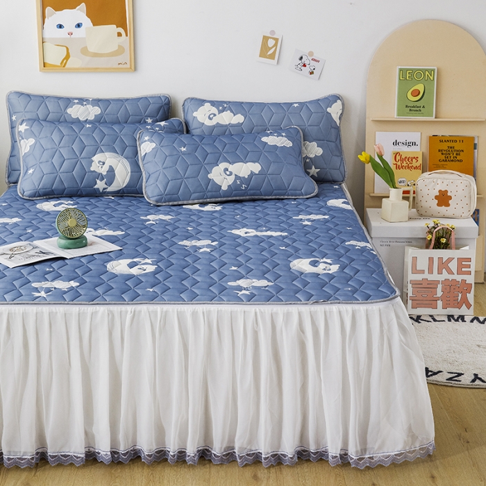 91家纺网 家纺一手货源 找家纺 纽缦家纺 2022新款卡通菱形格床单床裙系列 星空熊