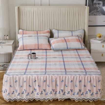 91家纺网 家纺一手货源 找家纺 纽缦家纺 2022新款花卉床裙三件套 大方格