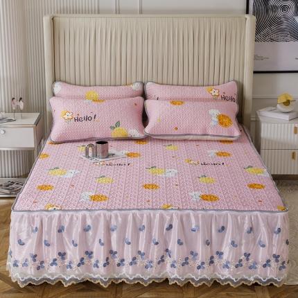 91家纺网 家纺一手货源 找家纺 纽缦家纺 2022新款花卉床裙三件套 柠檬熊粉