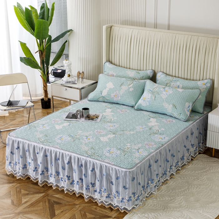 91家纺网 家纺一手货源 找家纺 纽缦家纺 2022新款花卉床裙三件套 春晓绿