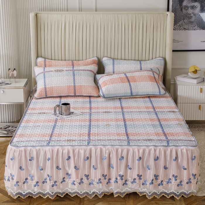 91家纺网 家纺一手货源 找家纺 纽缦家纺 2022新款花卉床裙三件套 大方格