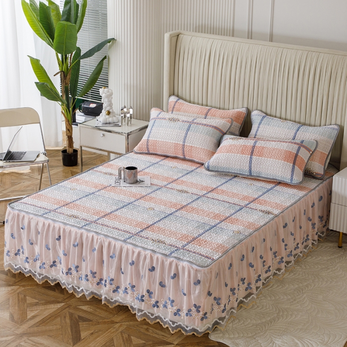 91家纺网 家纺一手货源 找家纺 纽缦家纺 2022新款花卉床裙三件套 大方格