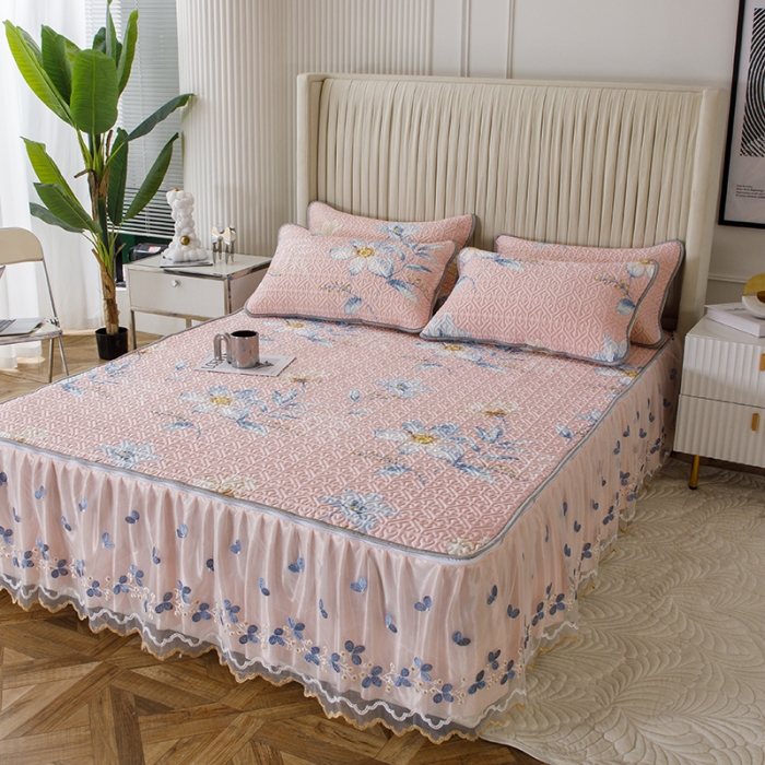 91家纺网 家纺一手货源 找家纺 纽缦家纺 2022新款花卉床裙三件套 花间粉