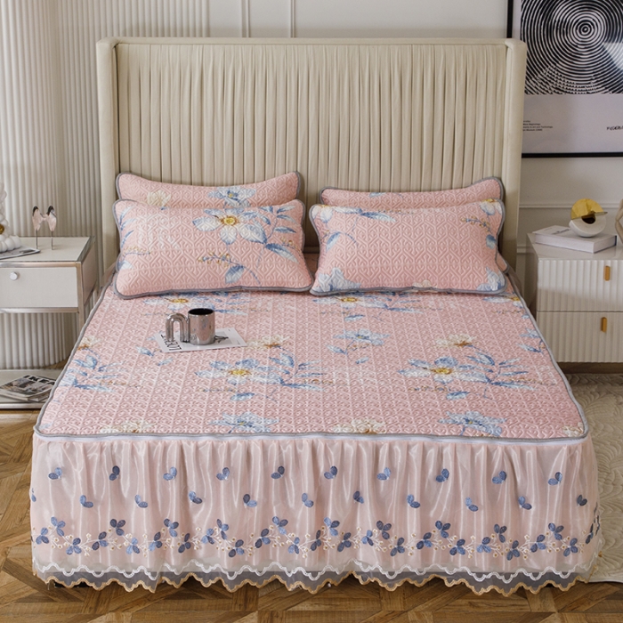 91家纺网 家纺一手货源 找家纺 纽缦家纺 2022新款花卉床裙三件套 花间粉