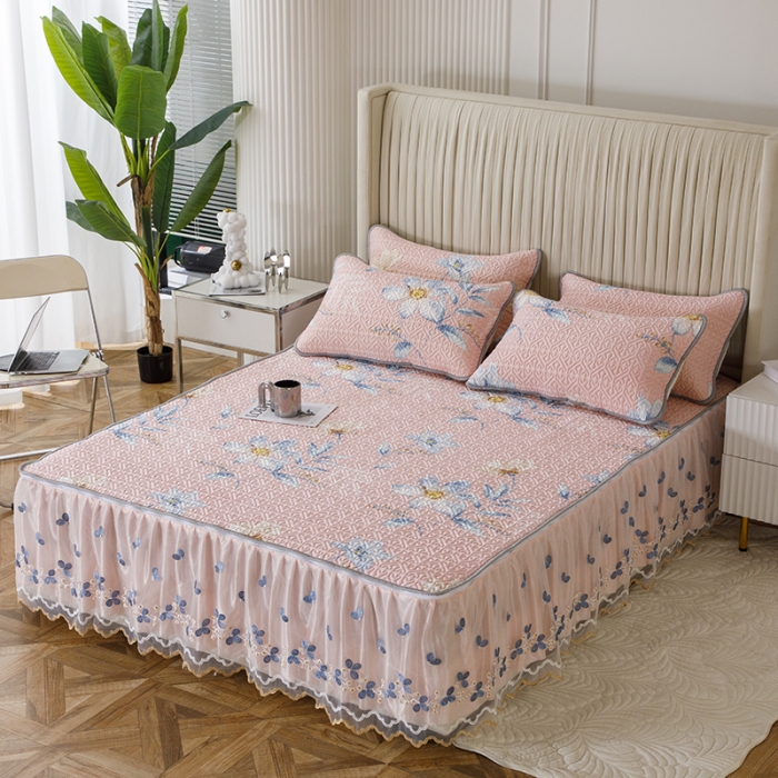 91家纺网 家纺一手货源 找家纺 纽缦家纺 2022新款花卉床裙三件套 花间粉