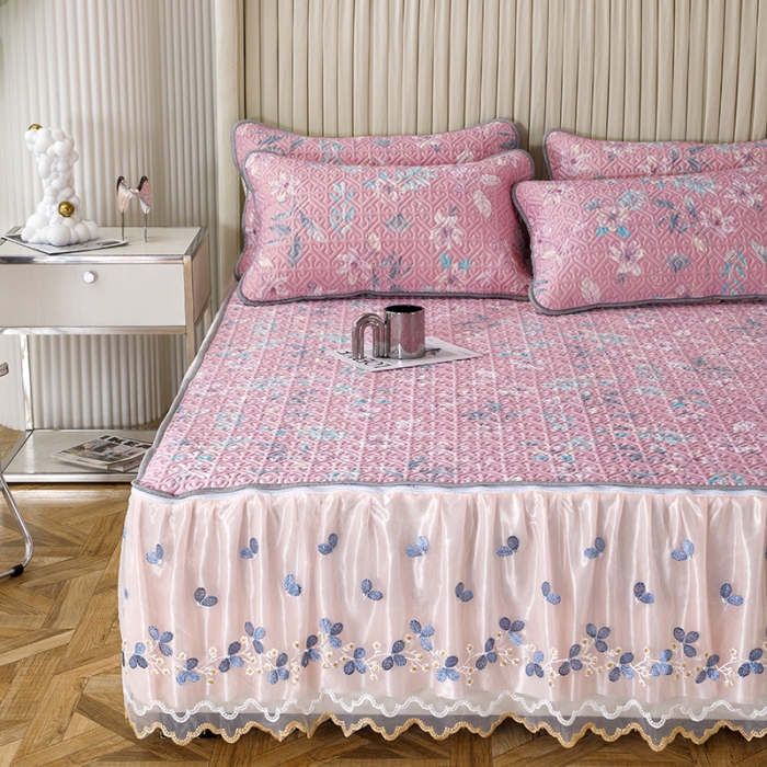 91家纺网 家纺一手货源 找家纺 纽缦家纺 2022新款花卉床裙三件套 花间柔梦-粉