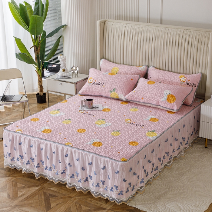 91家纺网 家纺一手货源 找家纺 纽缦家纺 2022新款花卉床裙三件套 柠檬熊粉