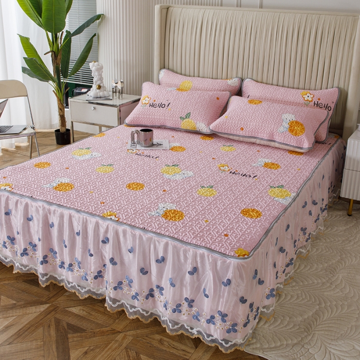 91家纺网 家纺一手货源 找家纺 纽缦家纺 2022新款花卉床裙三件套 柠檬熊粉