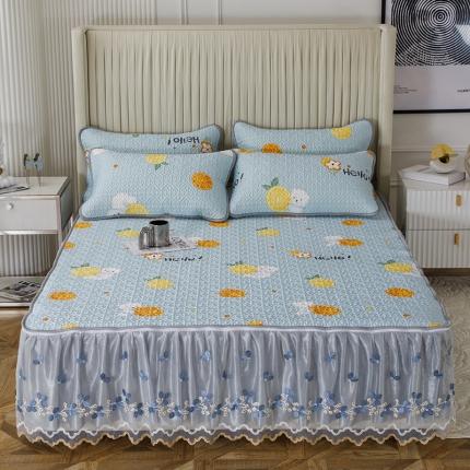 纽缦家纺 2022新款花卉床裙三件套 柠檬熊蓝