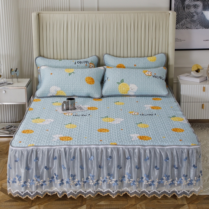 91家纺网 家纺一手货源 找家纺 纽缦家纺 2022新款花卉床裙三件套 柠檬熊蓝